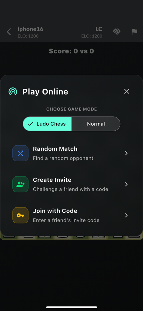 Ludo Chess: Roll the Dice - Ludo Chess mobile game online play menu featuring random match and create invite options