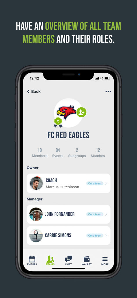 Smartphone-Bildschirm zeigt die Teammanagement-Oberfläche der Teamheadz-App mit Teamrollen für ein Sportteam.
