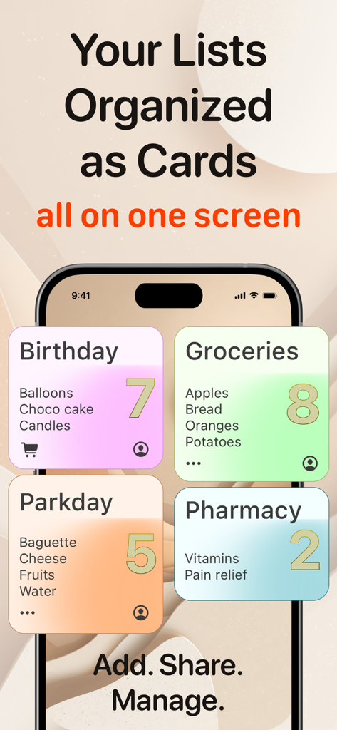 Una schermata dell'app mobile che visualizza più liste della spesa organizzate come schede colorate per una facile gestione.