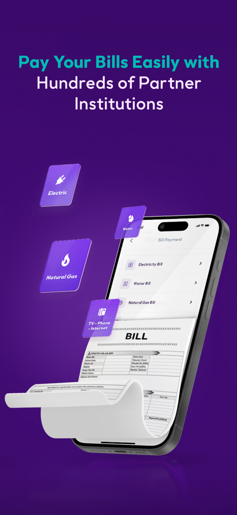 Pantalla de la aplicación Param para pagar facturas de servicios públicos turcos, incluyendo electricidad, agua y gas natural