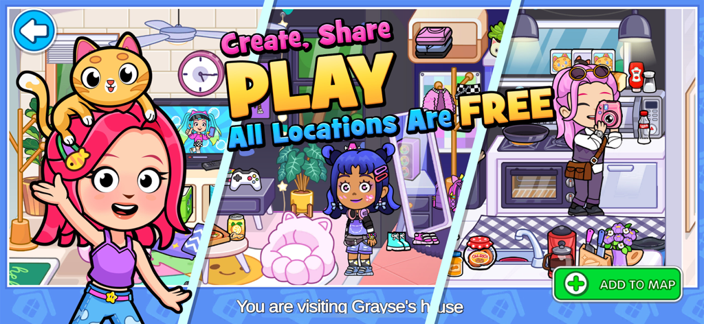 Towniz screenshot showing characters in customized rooms with text stating all locations are free