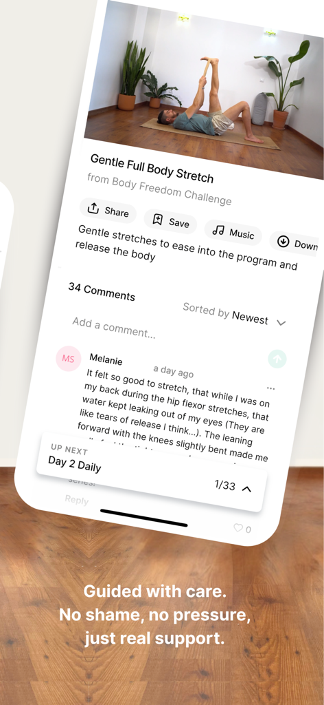 Screenshot of the Ashram by Idan app showing a gentle full body stretch video session with supportive user comments and a midlife wellness focus