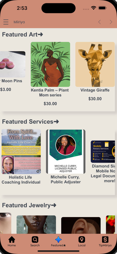 Miiriya - Mobile app interface of Miiriya showing featured art services and jewelry from Black owned businesses