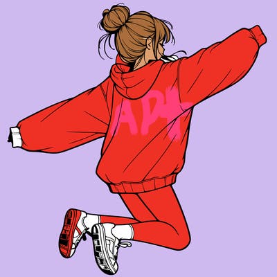 realistic girl jumping with a bun and oversized sweatshirt