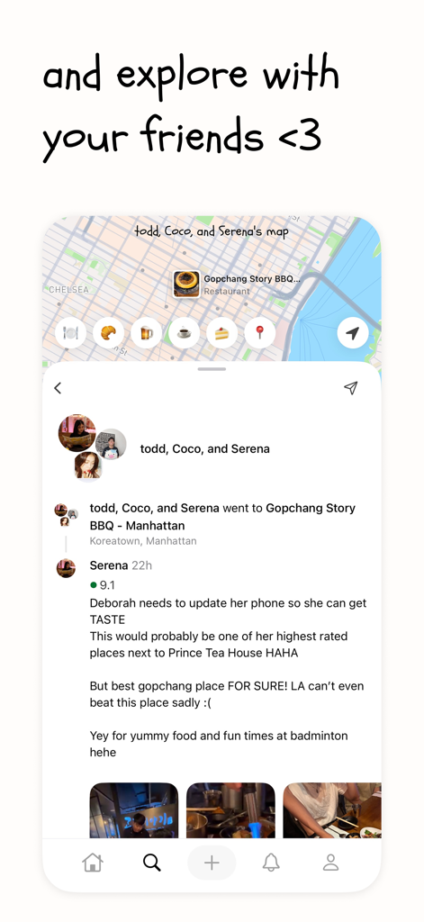 taste :) - A mobile interface of the taste app showing a group map and a friends restaurant recommendation with a written review and photos