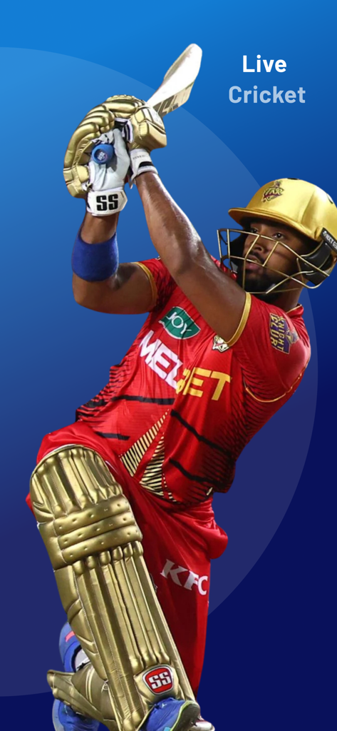 Un jugador de cricket profesional con un uniforme rojo y dorado bateando con el texto "Cricket en Vivo" sobre un fondo azul