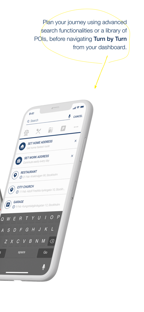 Schnittstelle zur Suche nach Zielen und Sehenswürdigkeiten in der Ride Husqvarna Motorcycles App