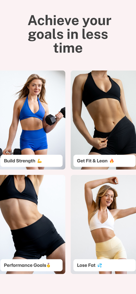 Grow with Anna - Grow with Anna App-Bildschirm, der verschiedene Fitnesszielkategorien wie Kraftaufbau und Fettabbau zeigt