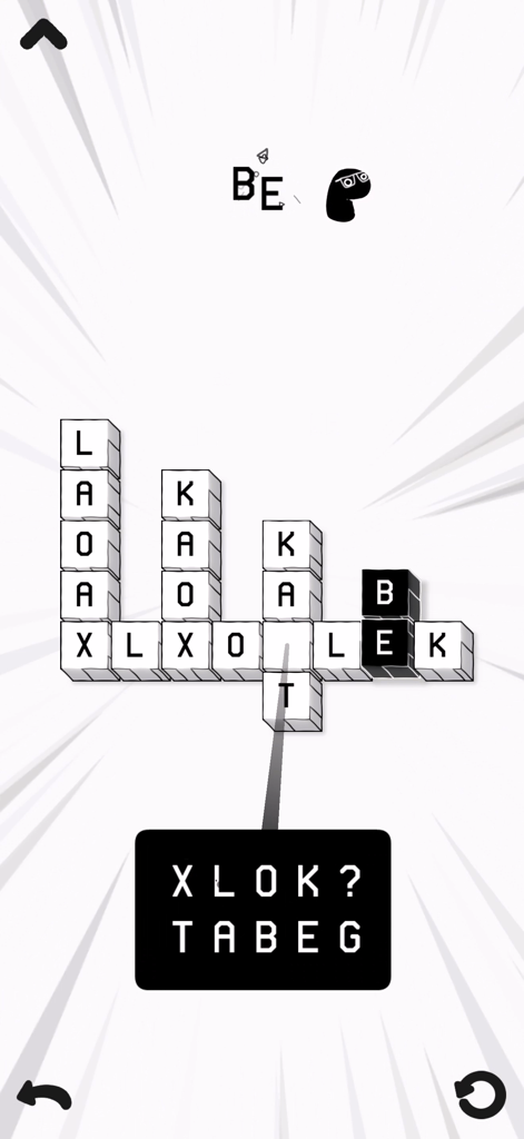 LOK Digital - Cuadrícula de letras dibujada a mano y personaje en un nivel de puzzle minimalista de LOK Digital.