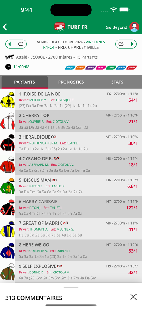 Interface mobile de l'application TURF FR affichant les participants aux courses hippiques avec drivers et cotes pour une course à Vincennes
