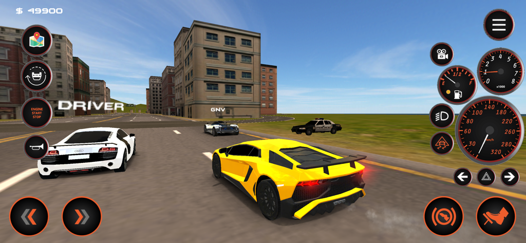 A yellow sports car driving through a city in the Carshift mobile racing game