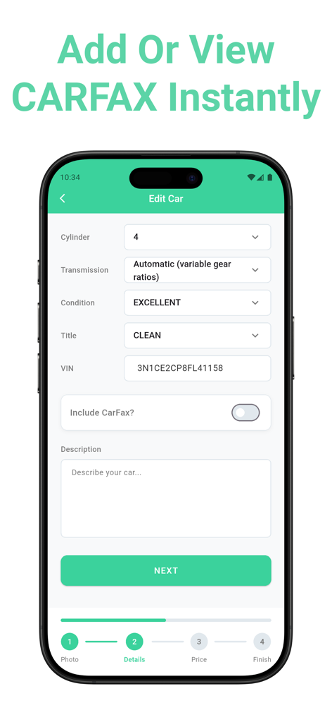 Car Trader app screen showing car details entry form and CARFAX report integration