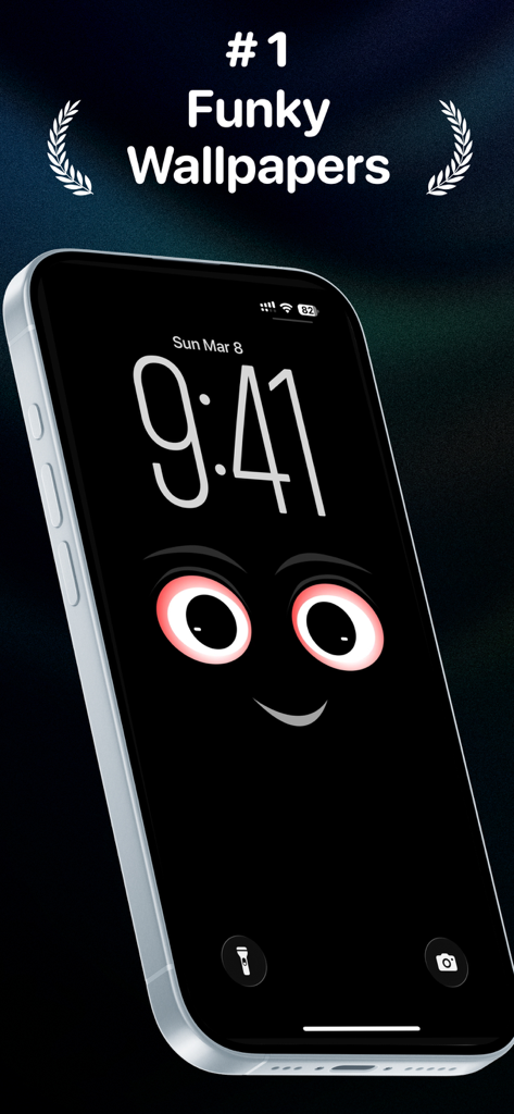 Silly Smiles Live Wallpaper 26 - 미니멀한 재미있는 웃는 얼굴과 'number one funky wallpapers'라는 텍스트가 있는 검은색 AMOLED 배경화면이 표시된 아이폰 잠금 화면