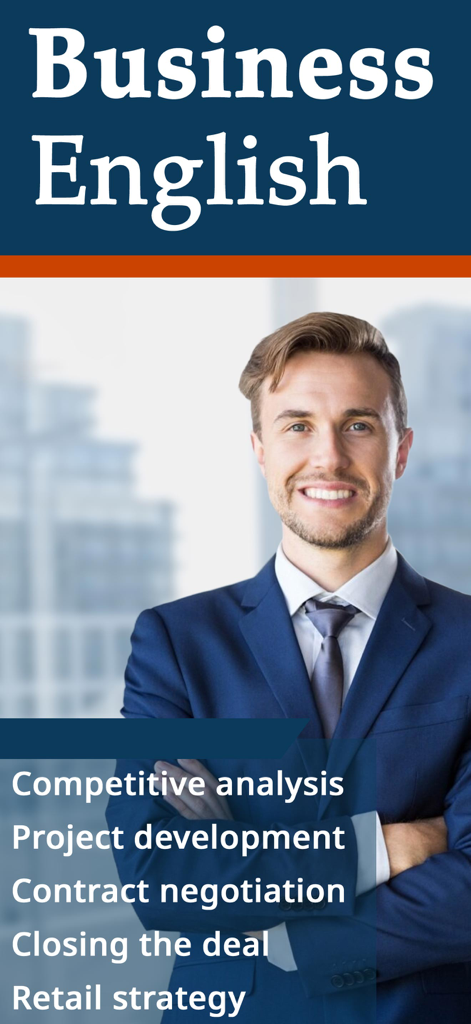 A professional man in a suit for a business English app showing topics like contract negotiation and closing the deal