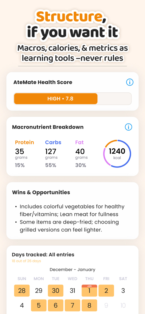 AteMate app dashboard showing health score, macronutrient breakdown, personalized dietary insights, and a tracking calendar.