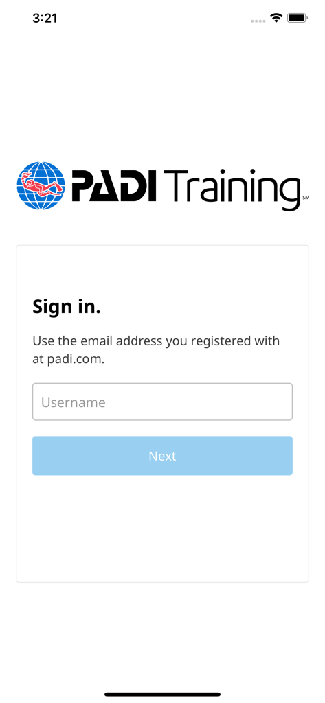 PADI Training app sign in screen with username input field and next button