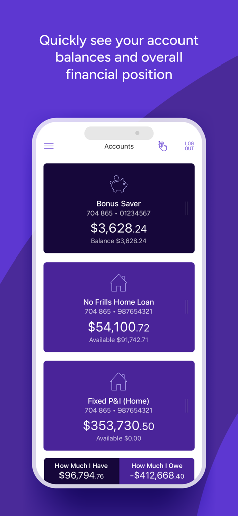 Qudos Bank - Qudos Bank mobile app dashboard showing account balances and net financial position