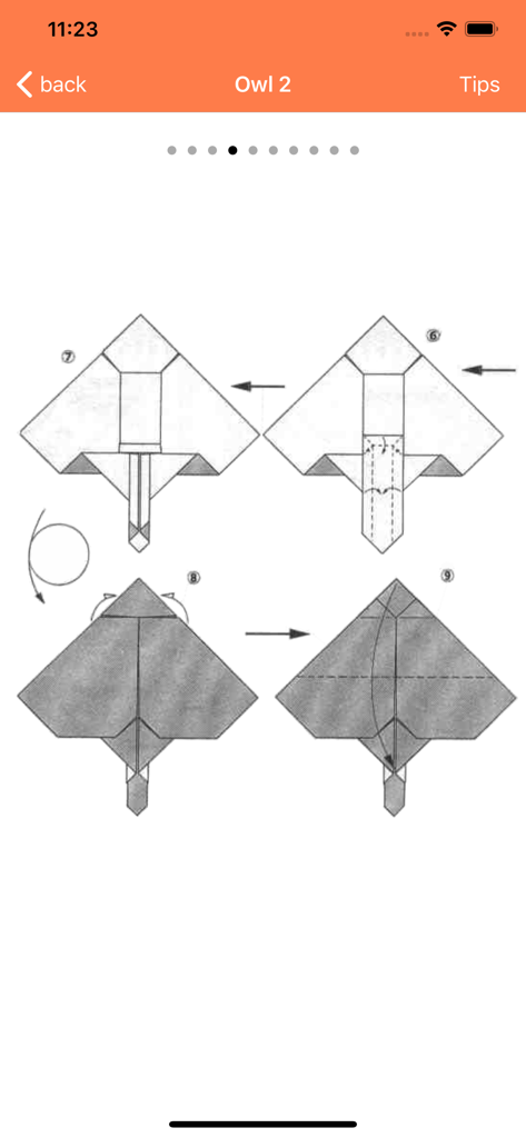 Diagramas paso a paso que muestran instrucciones para doblar un búho de origami