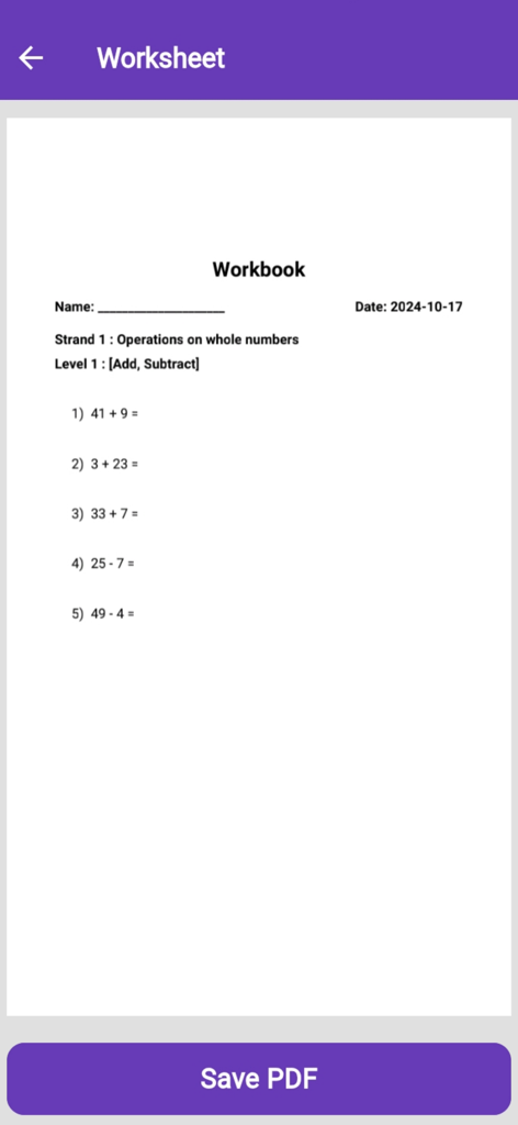 Workbook Generator - Preview of a generated math worksheet for addition and subtraction with a Save PDF button