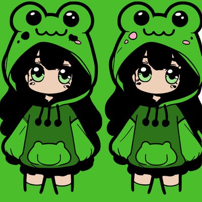 cute girl that has a frog hat and a frog oversized sweatshirt