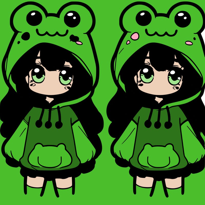 cute girl that has a frog hat and a frog oversized sweatshirt