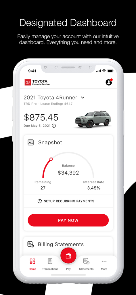 Toyota Financial Services App Dashboard mit Leasingdetails und Zahlungsinformationen für einen Toyota 4Runner.