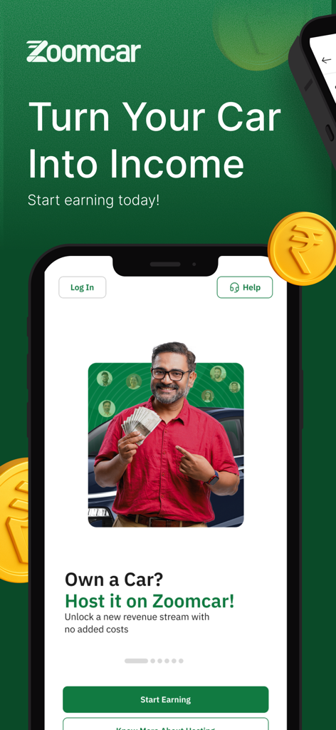Pantalla de la aplicación móvil Zoomcar mostrando cómo ganar ingresos alojando tu coche