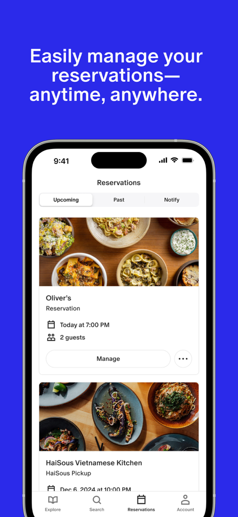 Un téléphone portable affichant l'écran des réservations de l'application Tock avec les réservations de dîners à venir et les options de gestion.