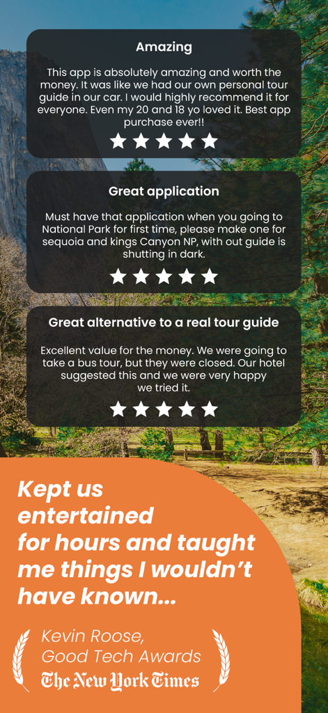 Yosemite GyPSy Guide Tour - A collection of five star user reviews and a New York Times testimonial for the Yosemite GyPSy Guide audio tour app.