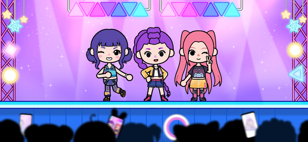 Mia World - Three stylish characters performing on a brightly lit concert stage with a crowd silhouette in Mia World.
