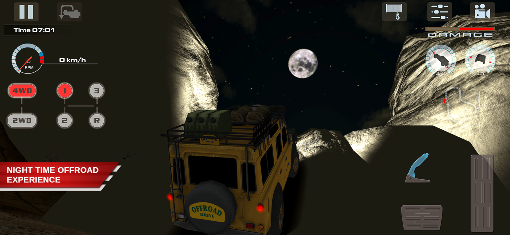 OffRoad Drive Desert - A yellow 4x4 vehicle navigating rocky terrain at night under a full moon with technical simulation controls visible on screen
