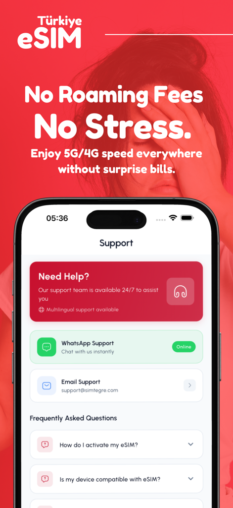 Tela de suporte do aplicativo eSIM Turquia com chat do WhatsApp, suporte por e-mail e perguntas frequentes.