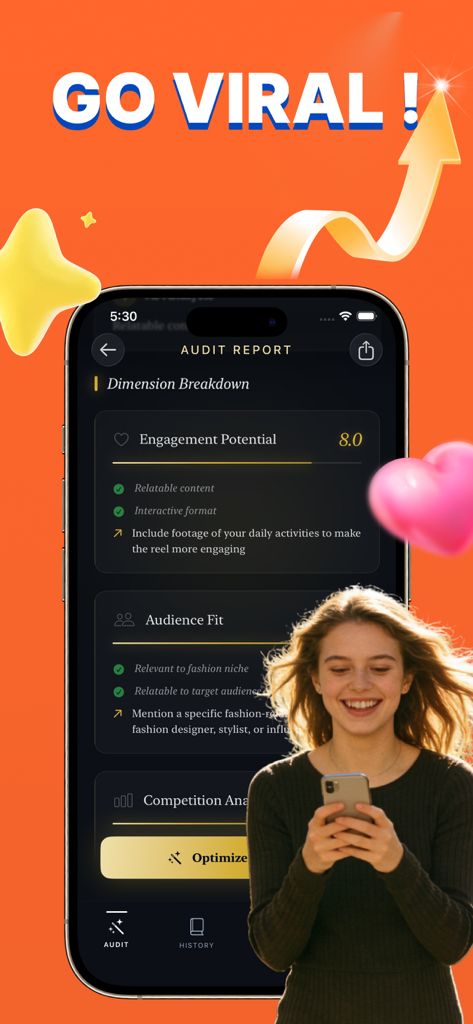 Tik Fast -Follower,Like,Fan,s - Tik Fast app screen displaying a content audit report with engagement scores and growth analysis