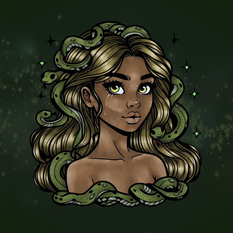 realistic girl with snakes as hair