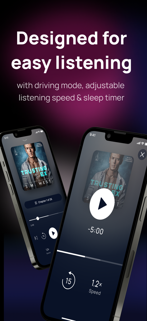 Tempt: Romance Audiobooks - Interface do aplicativo Tempt mostrando o reprodutor de audiolivros de romance com modo de condução e controles de velocidade