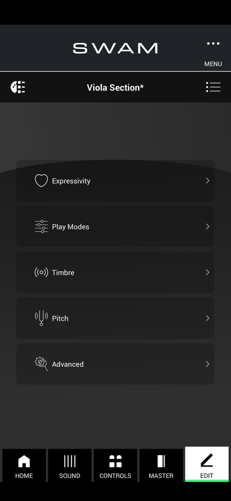 The edit menu of the SWAM Viola Section app showing customization options for expressivity play modes timbre and pitch