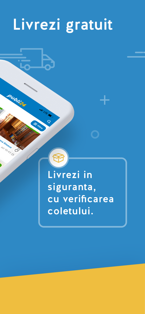 Interfaz de la aplicación móvil Publi24 mostrando envío gratuito y características de verificación segura de paquetes en rumano.