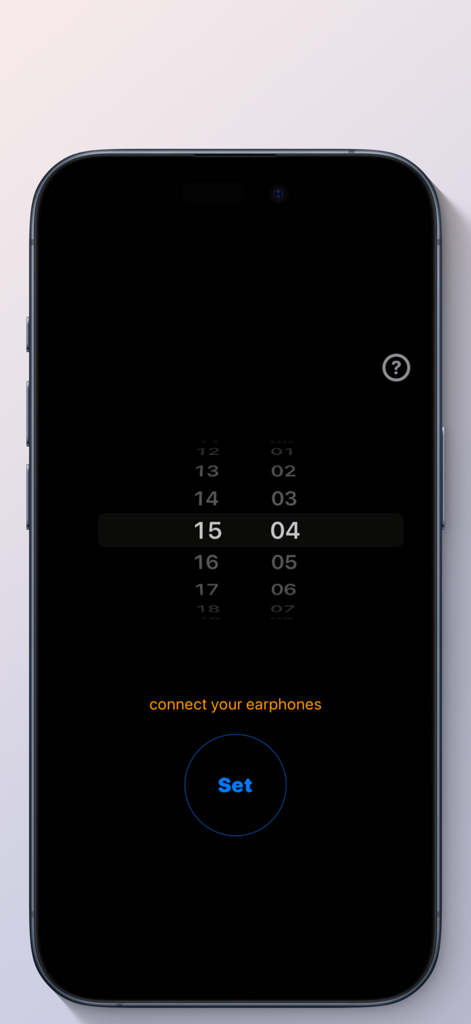 Earphone only alarm - 시간 선택기와 이어폰 연결 프롬프트가 있는 다크 모드 알람 인터페이스를 보여주는 스마트폰 화면