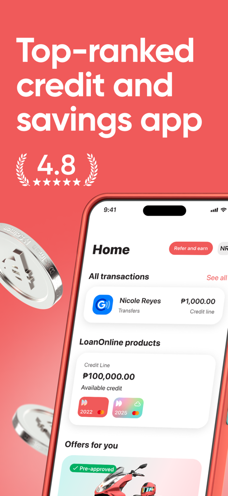 Salmon - Salmon fintechアプリのホーム画面。10万ペソのクレジットラインと高いユーザー評価が表示されています。