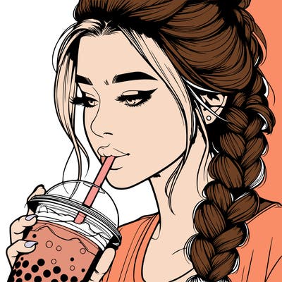 realistic girl drinking boba tea with braided hair