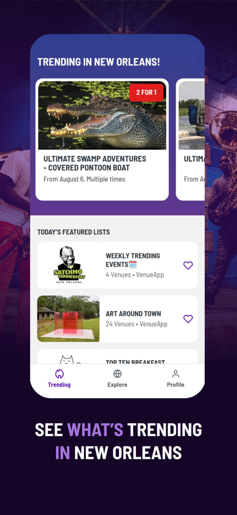 VenueApp mobile interface displaying trending events and curated travel lists for New Orleans
