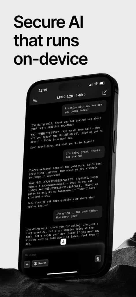 Apollo - Powered by Liquid - Apolloアプリのスクリーンショット。安全なオンデバイスAIチャットインターフェースを表示しています。
