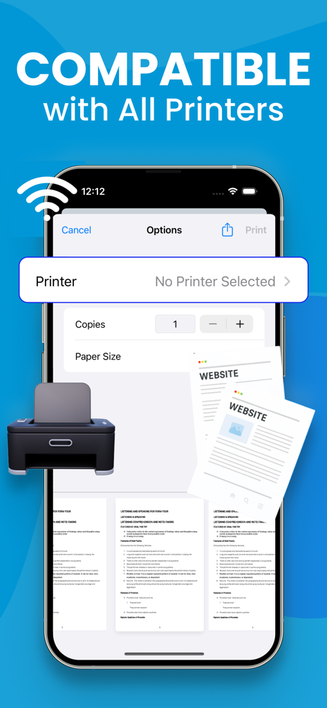 Pantalla de iPhone que muestra la interfaz de la aplicación Smart Printer que indica la compatibilidad de impresión inalámbrica
