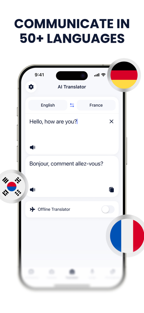 AI Translator - Just Translate - AI Translator app screen showing English to French text translation with offline support and multiple language flags