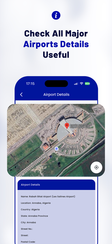 Flight Tracker - Radar - Screenshot della schermata dei dettagli dell'aeroporto con una mappa satellitare e informazioni sulla posizione dell'aeroporto Rabah Bitat