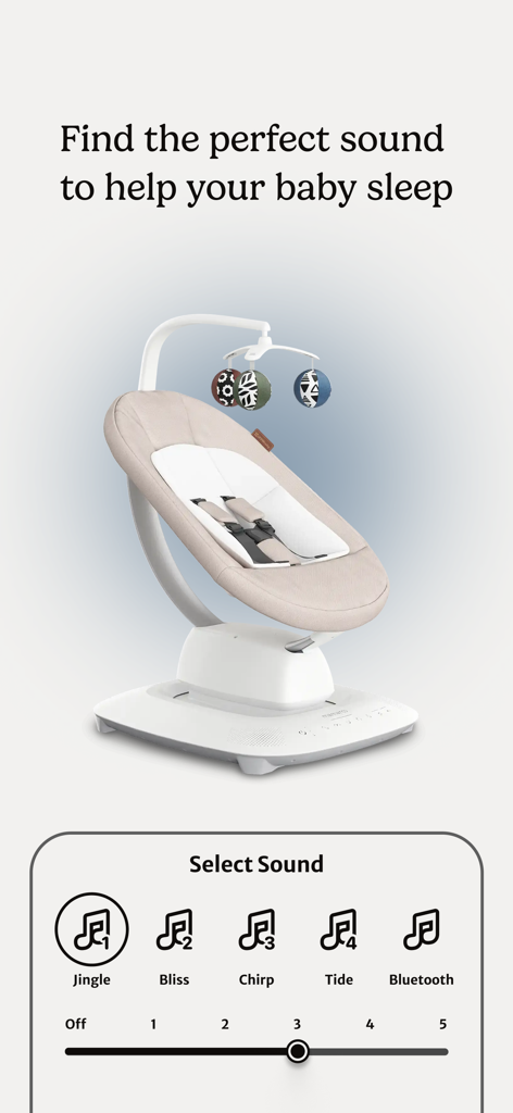 UPPAbaby Home - UPPAbaby Home app interface for selecting soothing sounds and volume for the mamaRoo baby swing