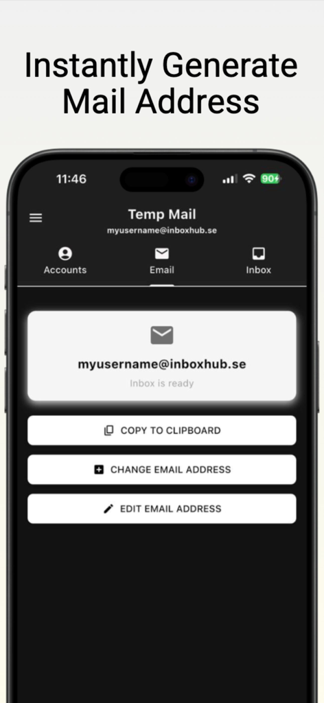 Interface do aplicativo Temp Mail mostrando um endereço de e-mail temporário gerado e opções para copiar ou alterar.