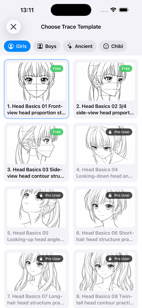 Ein Raster von Anime-Mädchenkopfvorlagen in der Trace Drawing App zum Üben von Proportionen