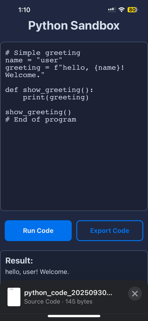 Interfaz de la aplicación Python Sandbox en un iPhone que muestra un editor de código con un script y sus resultados de ejecución