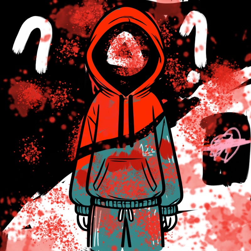 faceless girl in a tracksuit with a hood on and no hair